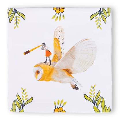 Tegeltje vrouw op uil met telescoop in bloemenrand