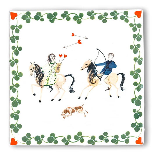 Huwelijkscadeau tegeltje met ruiters en hartvormige pijlen