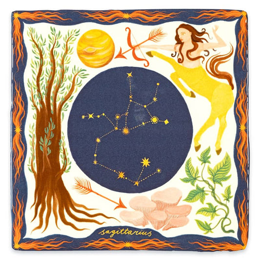 Geboortetegel sterrenbeeld Boogschutter met planeten en bladeren