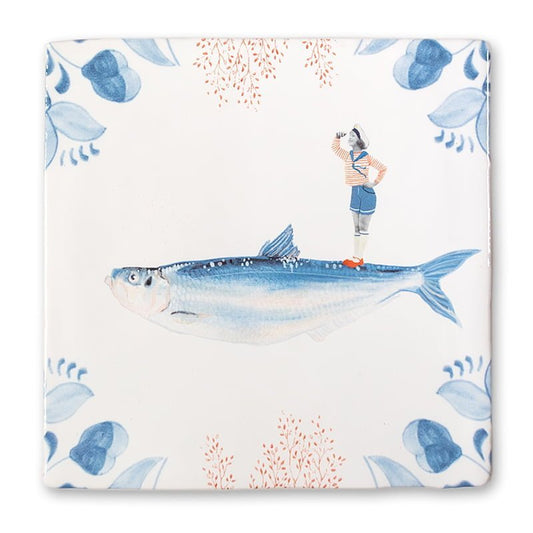 Tegeltje met vis en persoon in blauwe, decoratieve compositie