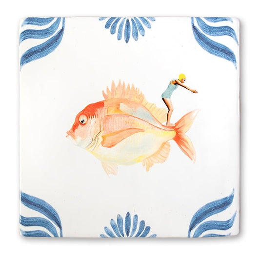 Tegeltje zwemmer op vis sierlijke blauwe hoeken floralen