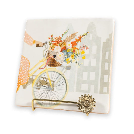 Gouden tegelhouder met zonnebloem voor fietsillustratie met bloemenmand