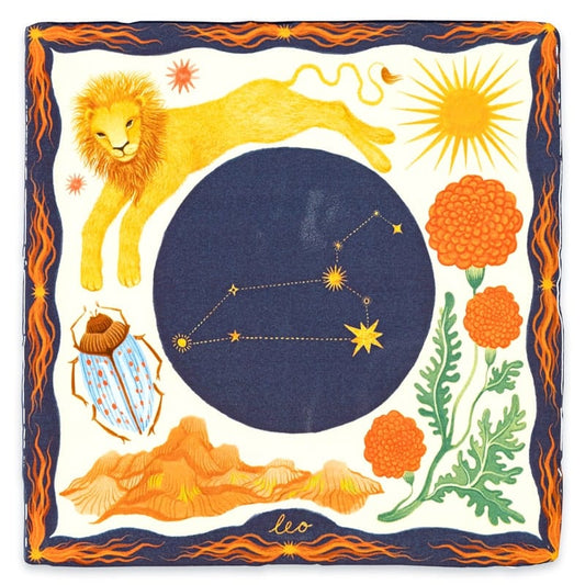 Geboortetegel leeuw met sterrenbeeld, bloemen en zon in hoek