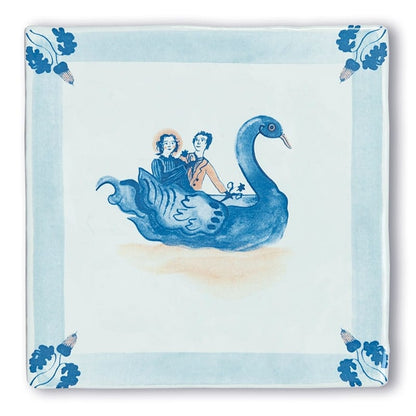 Huwelijkscadeau tegeltje met paar op blauwe zwaan