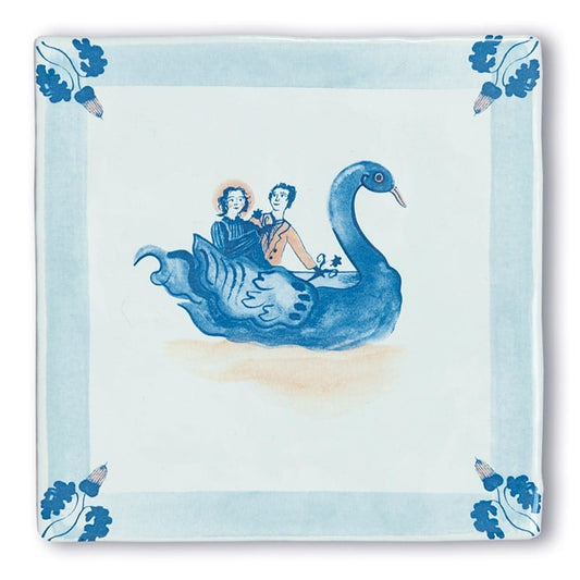 Huwelijkscadeau tegeltje met paar op blauwe zwaan
