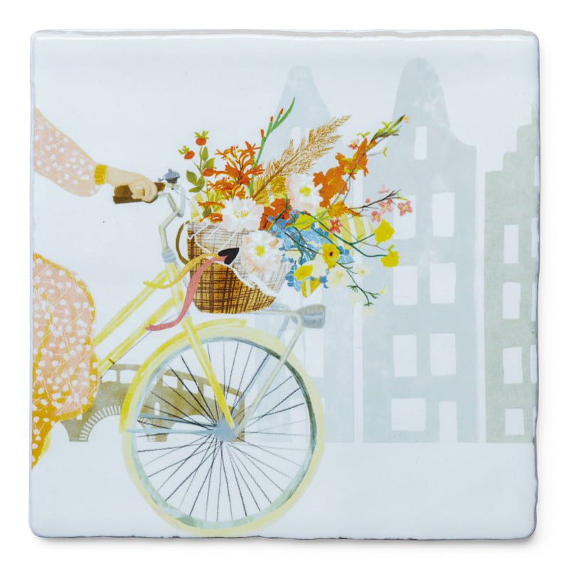 Gepersonaliseerd tegeltje met fiets en bloemenmand voor huizen