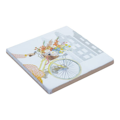 Gepersonaliseerd tegeltje met fiets, bloemen en grachtenpand-silhouet