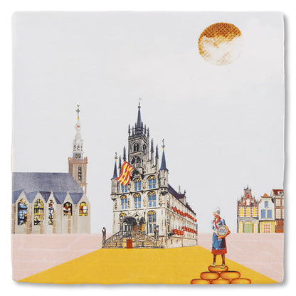 Tegeltje Gouda met stadhuis, kaasmarkt en stroopwafel zon