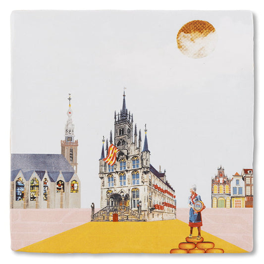 Tegeltje Gouda met stadhuis, kaasmarkt en stroopwafel zon