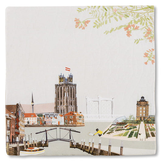 Tegeltje Dordrecht met gebouwen, grachten en bloemen aan rand