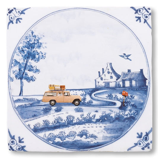 Nieuw huis cadeau tegeltje met auto en huisje, landschap