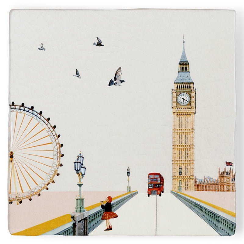 Tegeltje Londen met Big Ben en dubbeldekker op brug