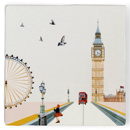 Tegeltje Londen met Big Ben en dubbeldekker op brug