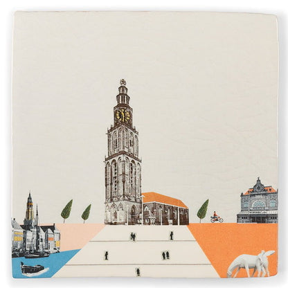Tegeltje Groningen met Martinitoren en omliggende stadsiconen