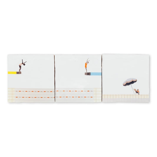 Tegeltableau duikers en zonnebader bij een zwembad