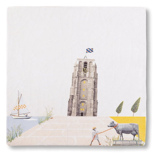 Tegeltje Leeuwarden met kerktoren, kind en bootje op plein