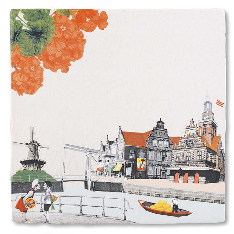 Tegeltje Alkmaar met bloemen, molen en historische gebouwen