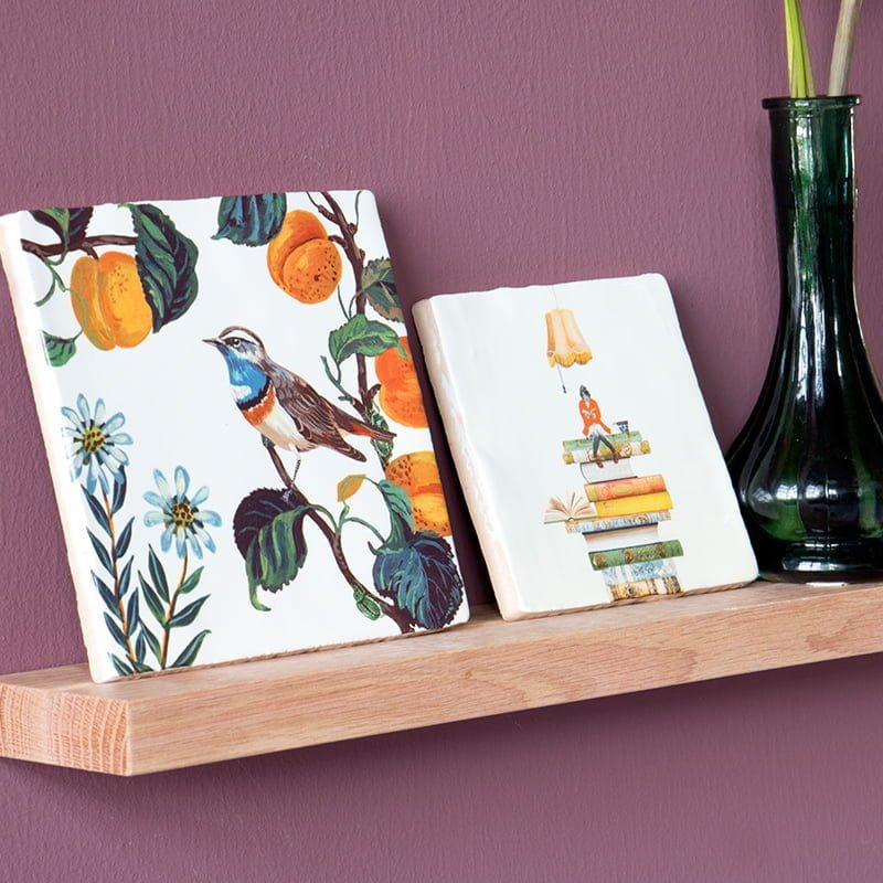 Tegeltje vogels en boekenplank op houten plank aan muur