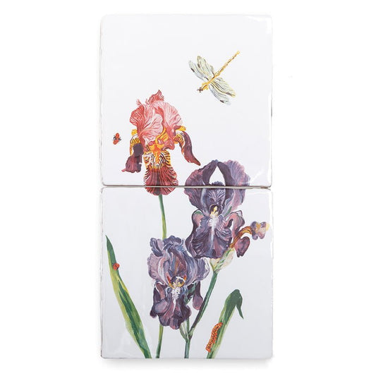 Tegeltableau kleurrijke irissen met libelle en bij