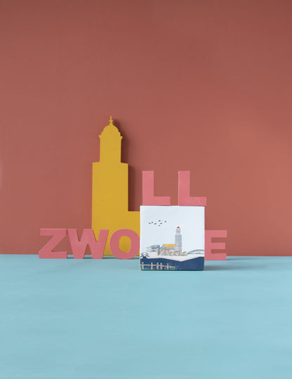Tegeltje Zwolle met skyline op gekleurde achtergrond