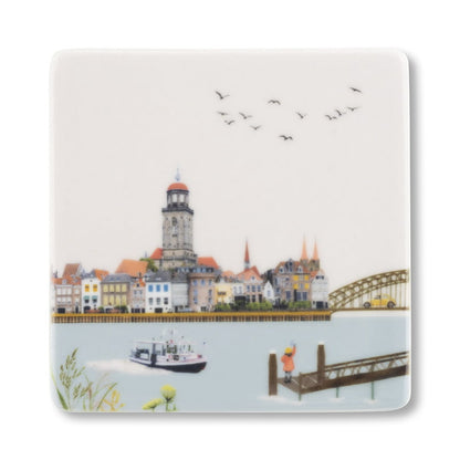Mini tegeltje Deventer met rivier en brug in landschap