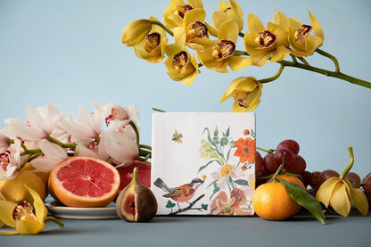 Tegeltje vogel bloem motief met fruit en bloemencompositie