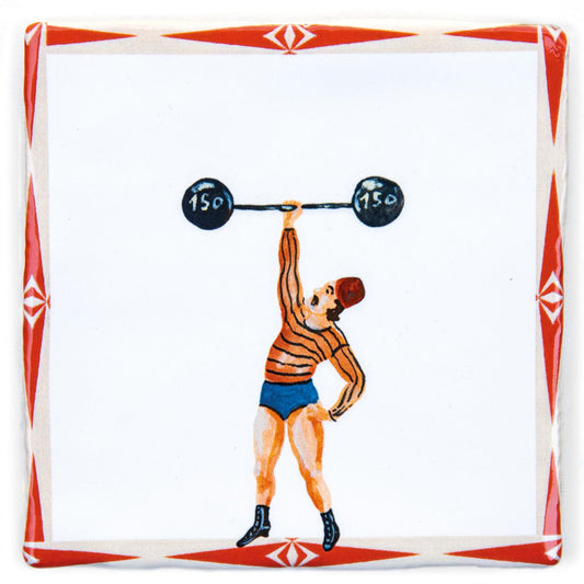 Tegeltje met gewichtheffer en rode randdecoratie